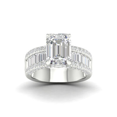 Emerald-Cut Lab Grown 4.50ctw. Diamond With Baguette & Brilliant-Cut Multi-Row Engagement Ring in 14k White Gold